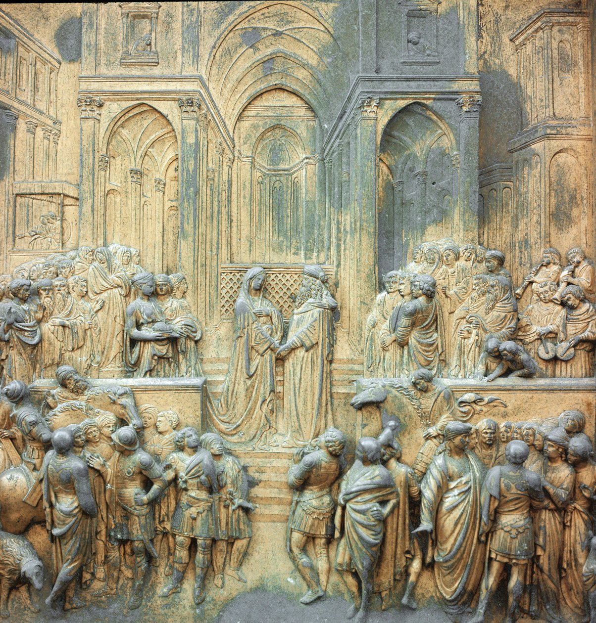 Kuningas Salomo vastaanottaa Saban kuningattaren Lorenzo Ghibertin (1378-1455) Low Relief -temppelissä 1424-1452 Firenze, Baptisteren paratiisin portti tekijältä Lorenzo Ghiberti