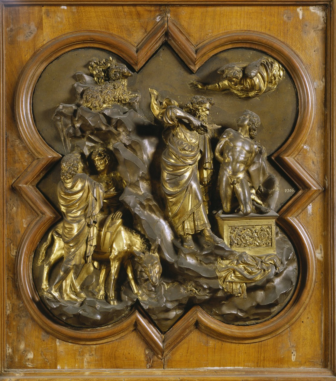 Iisakin uhri. Alkuperäinen Porte du Paradisin paneeli (baptisteryn itäovi), kunnostuksen jälkeen. Kultainen pronssi, Lorenzo Ghiberti (1378-1455), 1425-52. Museo dell Bargello, Firenze. © Raffael / Leemage854 tekijältä Lorenzo Ghiberti