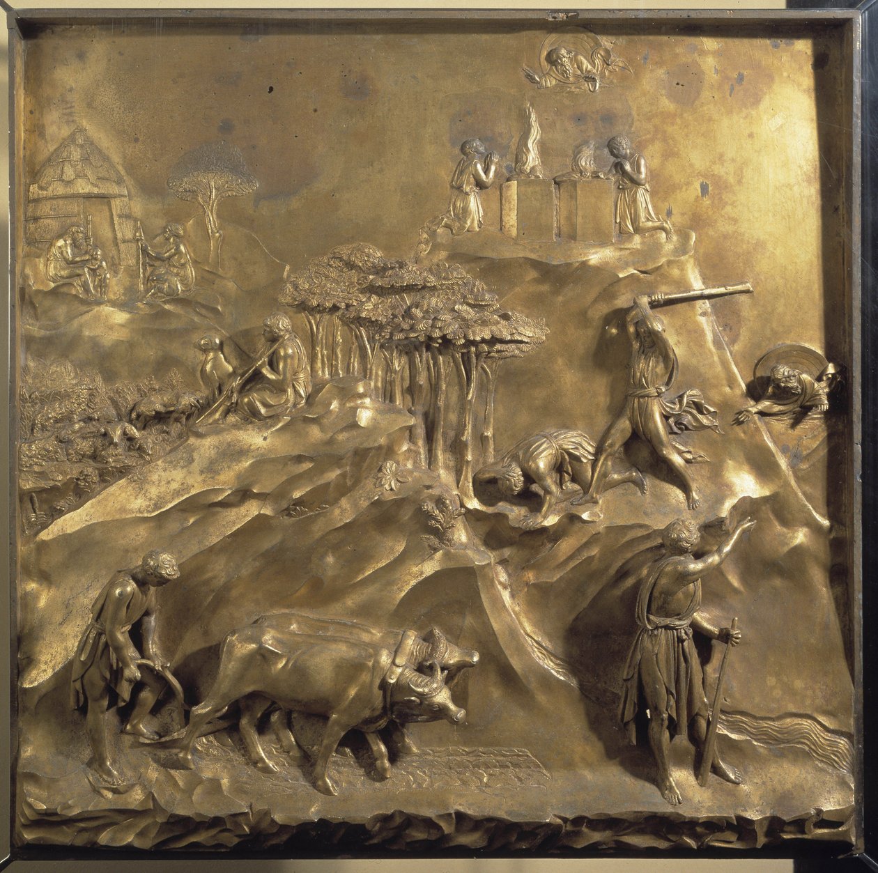 Kainin ja Abelin elämä: uhri, Abelin murha ja Kainin karkottava Jumala. Paratiisin oven alkuperäinen paneeli tekijältä Lorenzo Ghiberti