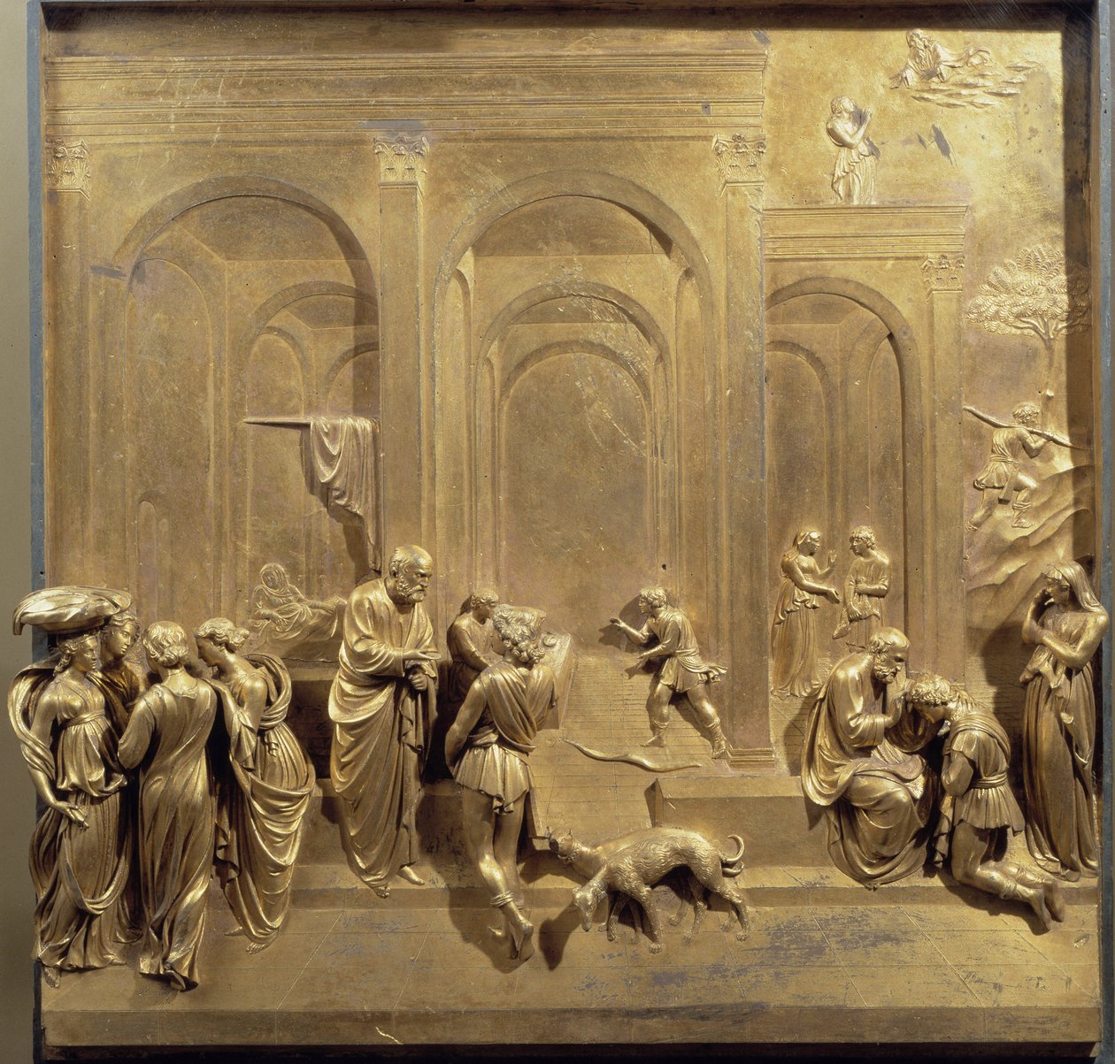 Jaakobin ja Esaun elämä: Esau myy esikoisoikeutensa ja Iisak siunaa Jaakobin. Paratiisin oven alkuperäinen paneeli tekijältä Lorenzo Ghiberti