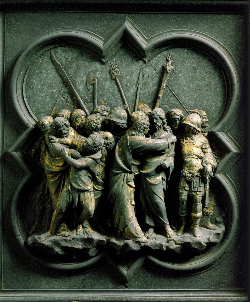 Pohjoinen portti (pohjoisessa Ristin portti), ulkoinen yksityiskohta: "" Juudaksen suudelma"" Lorenzo Ghibertin (1378-1455) tekemä pronssiveistos tekijältä Lorenzo Ghiberti