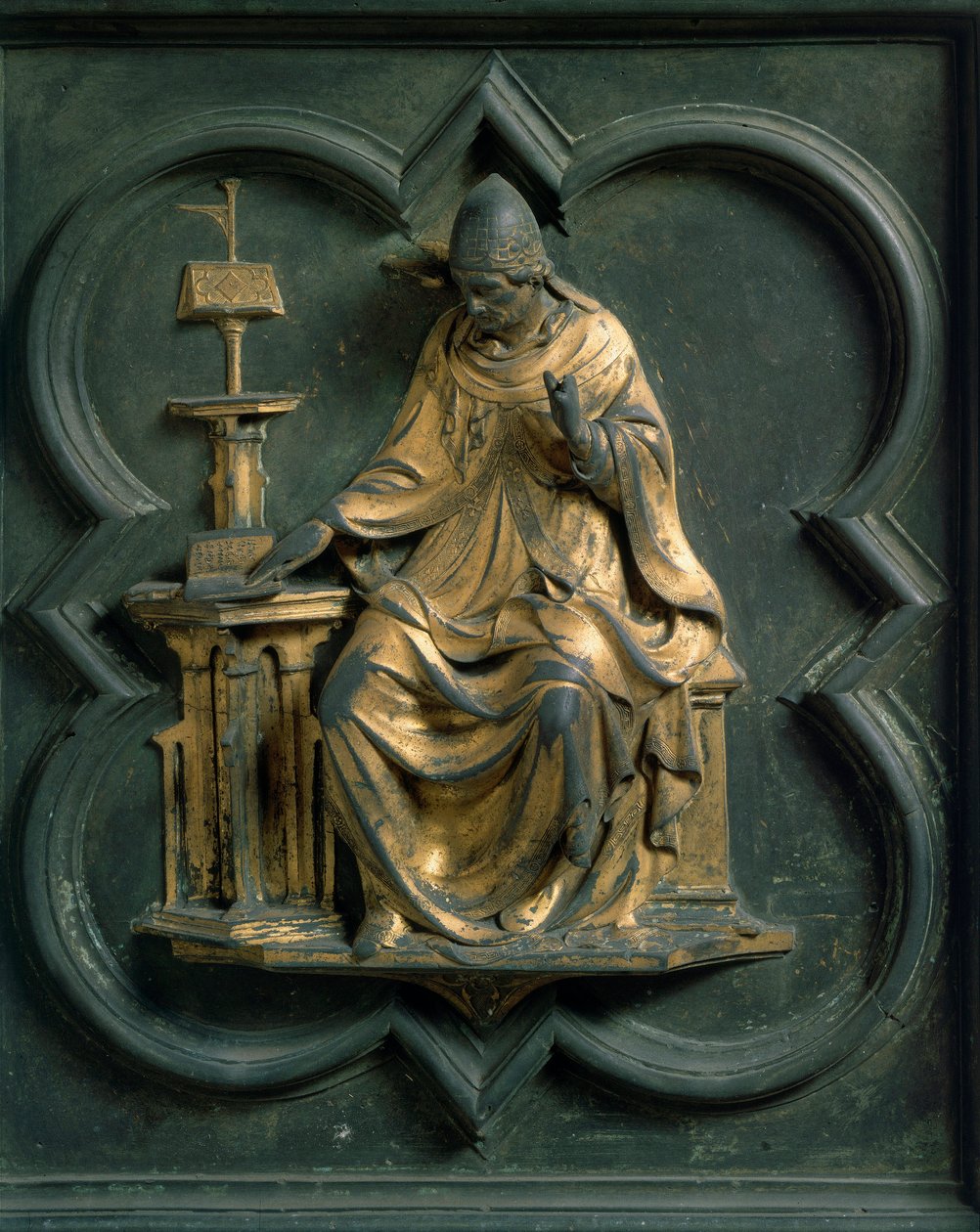 Pohjoinen portti (nimeltään Ristin portti, pohjoisessa), ulkopuoli: Saint Gregoire Suuri. Lorenzo Ghibertin (1378-1455) tekemä pronssiveistos tekijältä Lorenzo Ghiberti