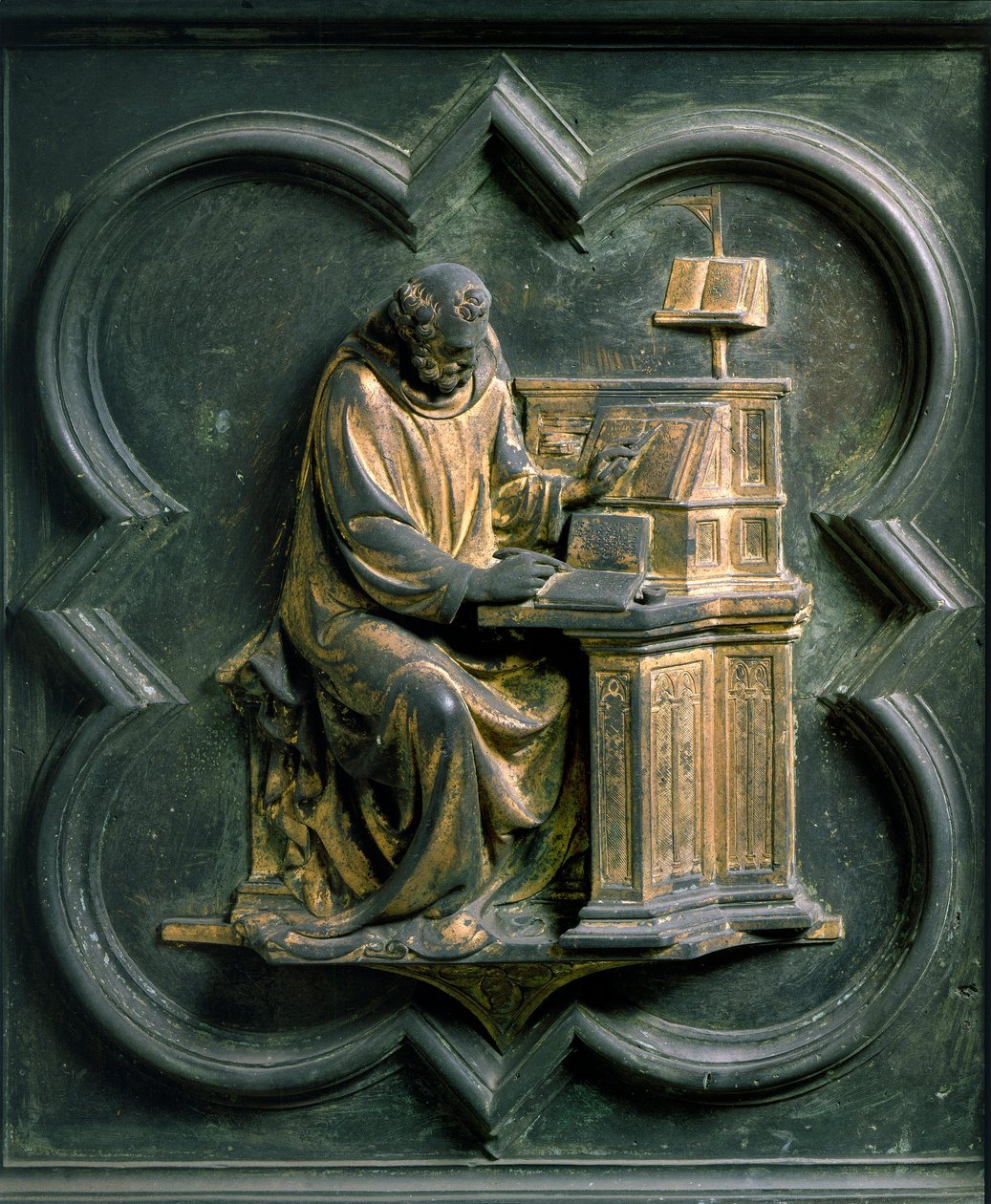 Pohjoinen portti (nimeltään Ristin portti, pohjoisessa), ulkopuoli: Pyhä Hieronymus. Lorenzo Ghibertin (1378-1455) tekemä pronssiveistos tekijältä Lorenzo Ghiberti