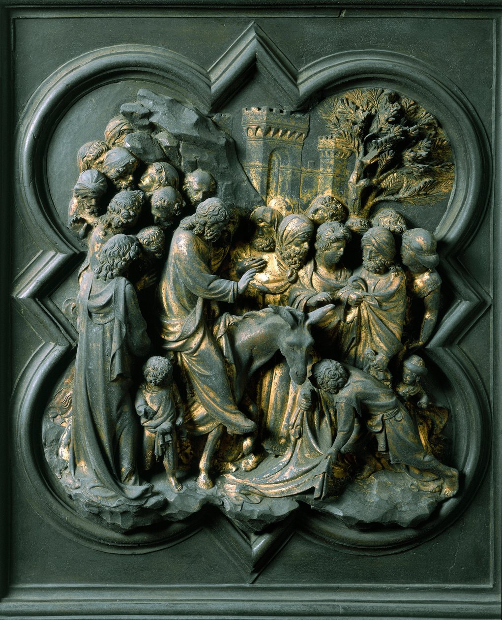 Pohjoinen portti (pohjoisessa Ristin portti), ulkopuoli: "" Jerusalemin sisäänkäynti"" Lorenzo Ghibertin (1378-1455) tekemä pronssiveistos tekijältä Lorenzo Ghiberti