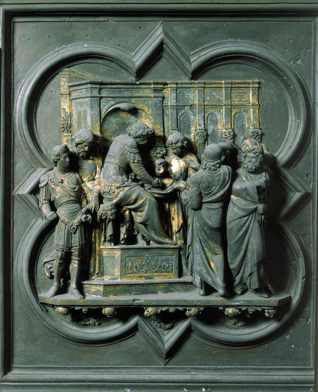 Pohjoinen portti (pohjoisessa Ristin portti), ulkoinen yksityiskohta: "Kristus kohtaa Pontius Pilatuksen (Pontius Pilatius)" Lorenzo Ghibertin (1378-1455) tekemä pronssiveistos tekijältä Lorenzo Ghiberti