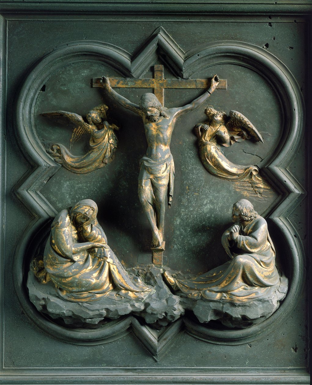 North Porte (pohjoisessa Ristin portti), ulkopuoli: "" ristiinnaulitseminen"" Lorenzo Ghibertin (1378-1455) tekemä pronssiveistos tekijältä Lorenzo Ghiberti