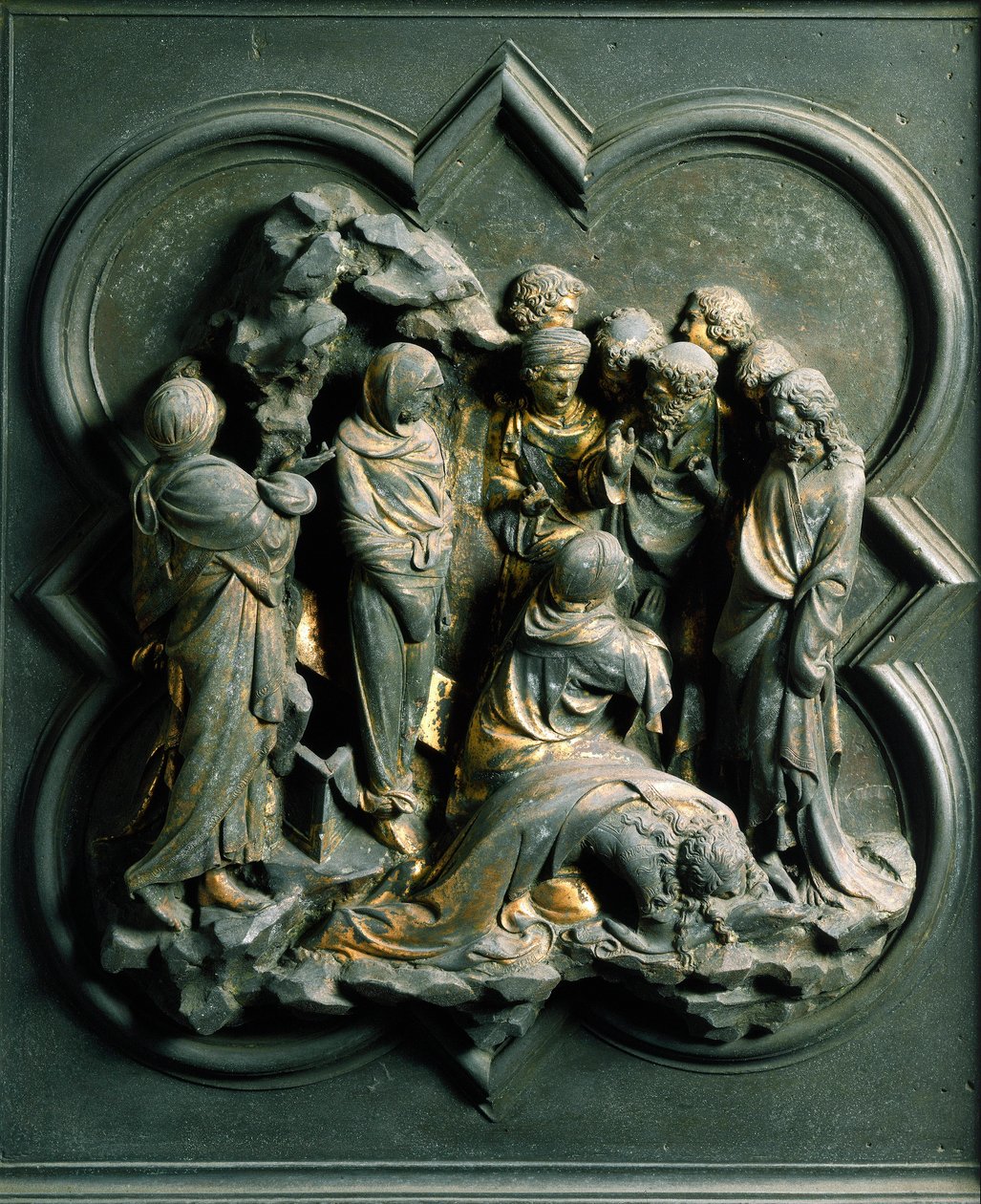 North Porte (kutsutaan Ristin portiksi, pohjoisessa), ulkoinen yksityiskohta: "" Lasaruksen ylösnousemus""" Lorenzo Ghibertin (1378-1455) tekemä pronssiveistos tekijältä Lorenzo Ghiberti