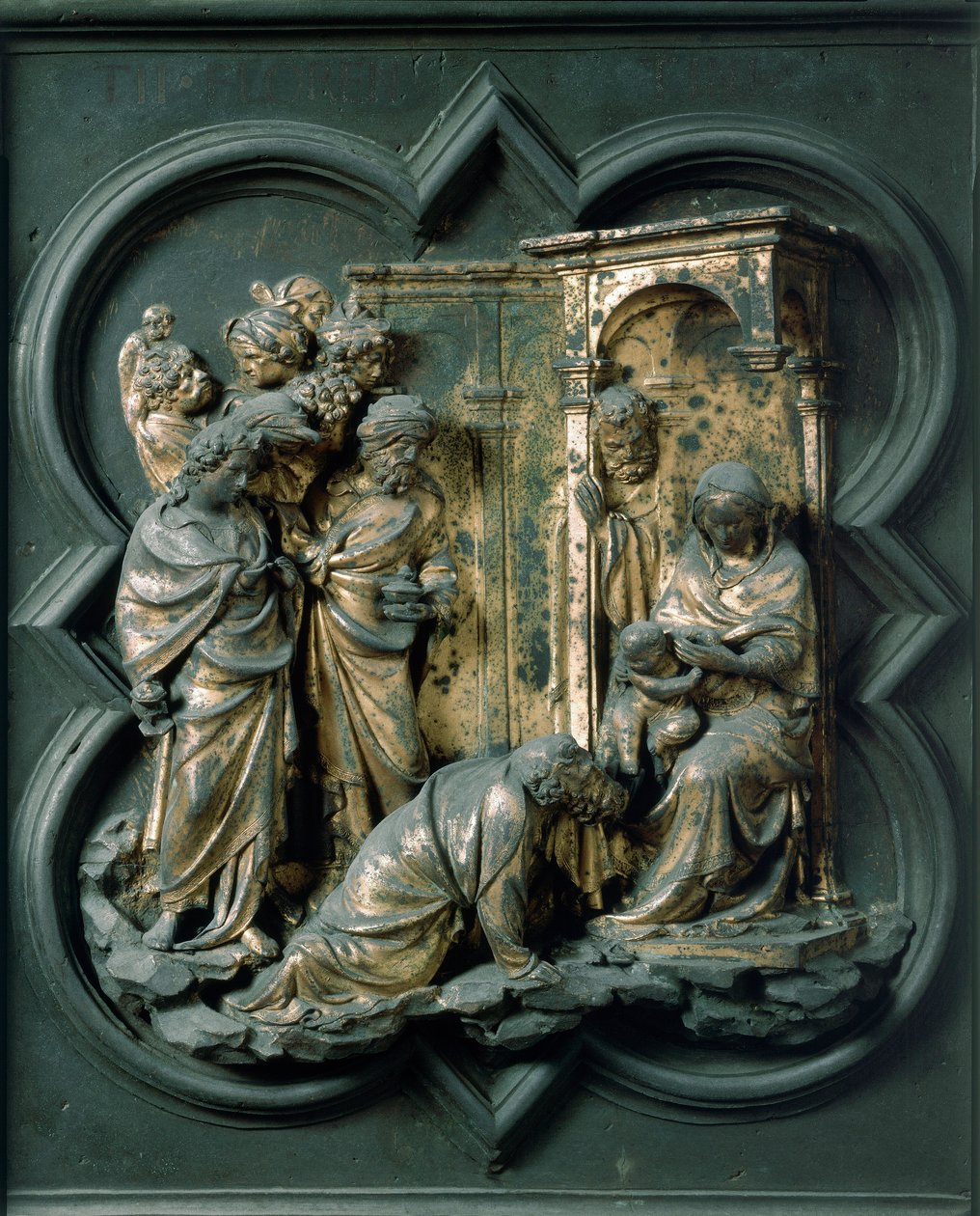 North Porte (nimeltään Ristin portti, pohjoisessa), ulkopuoli: Maagien palvonta. Lorenzo Ghibertin (1378-1455) tekemä pronssiveistos tekijältä Lorenzo Ghiberti