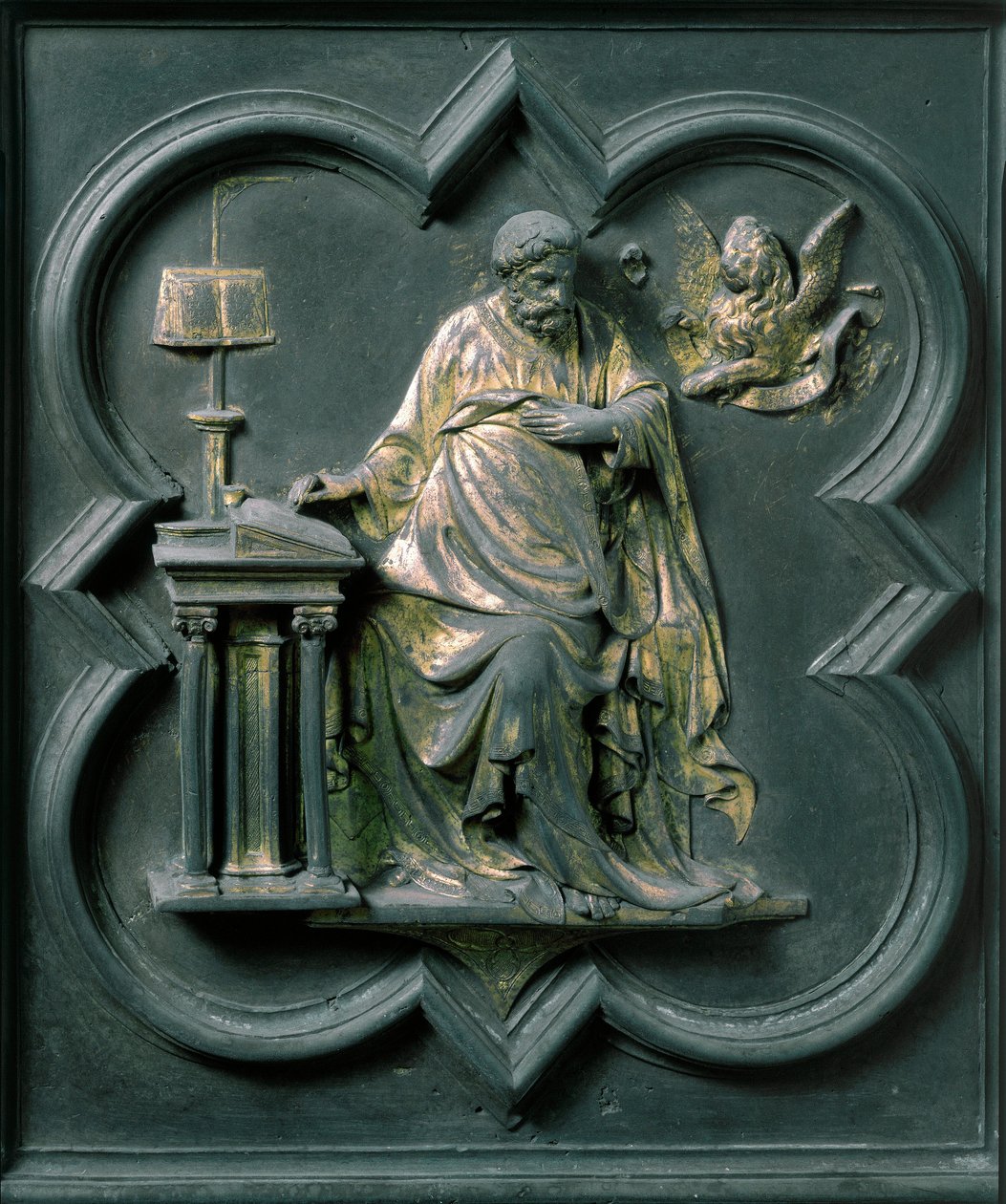 North Porte (nimeltään Ristin portti, pohjoisessa), ulkopuoli: Pyhä Markus. Lorenzo Ghibertin (1378-1455) tekemä pronssiveistos tekijältä Lorenzo Ghiberti
