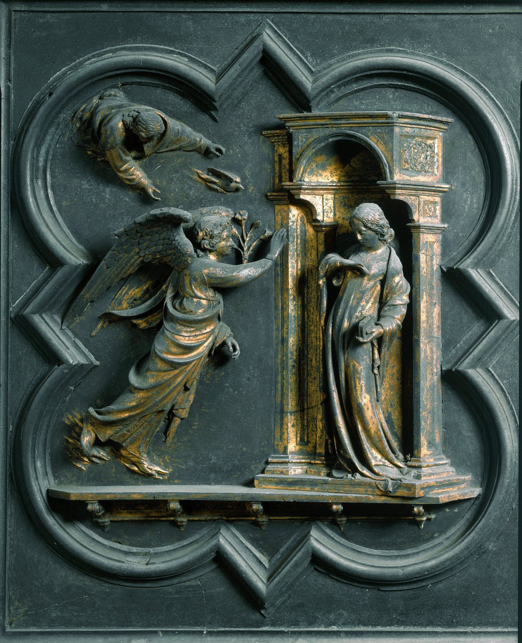 Pohjoisportti (pohjoispuolella oleva ristin portti), ulkoasun yksityiskohta: Marian ilmestys. Lorenzo Ghibertin (1378-1455) pronssiveistos. tekijältä Lorenzo Ghiberti