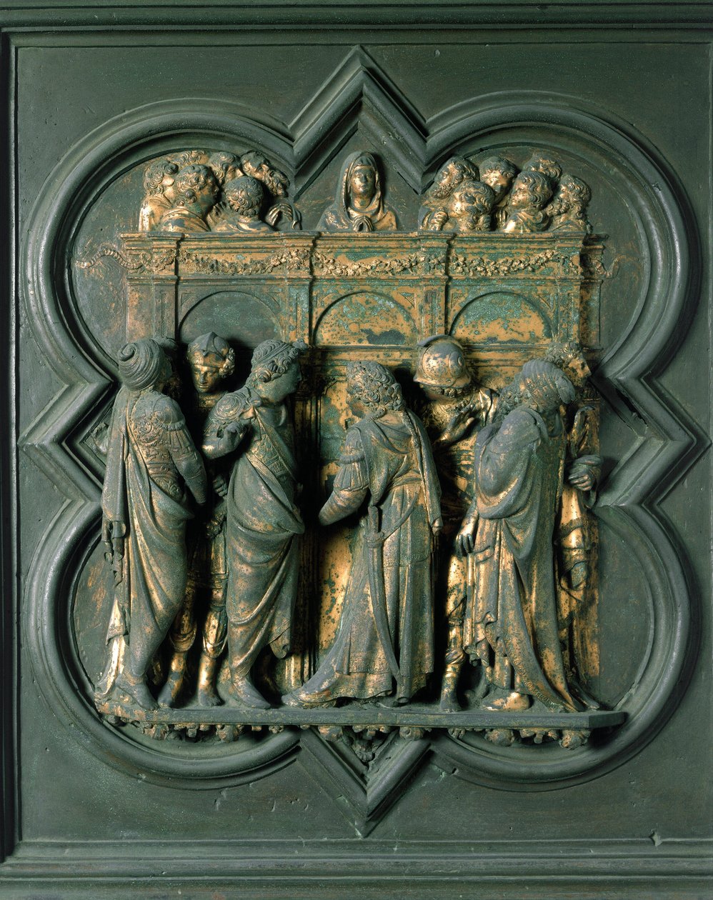 North Porte (nimeltään Porte de la Croix, pohjoisessa), ulkopuoli: "" Helluntai"" Pronssiveistos, jonka on tehnyt Lorenzo Ghiberti (1378-1455) tekijältä Lorenzo Ghiberti