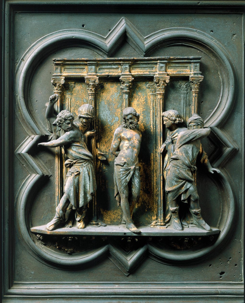 North Porte (nimeltään Porte de la Croix, pohjoisessa), yksityiskohta: "" la flagellation"" Pronssiveistos, jonka on tehnyt Lorenzo Ghiberti (1378-1455) tekijältä Lorenzo Ghiberti