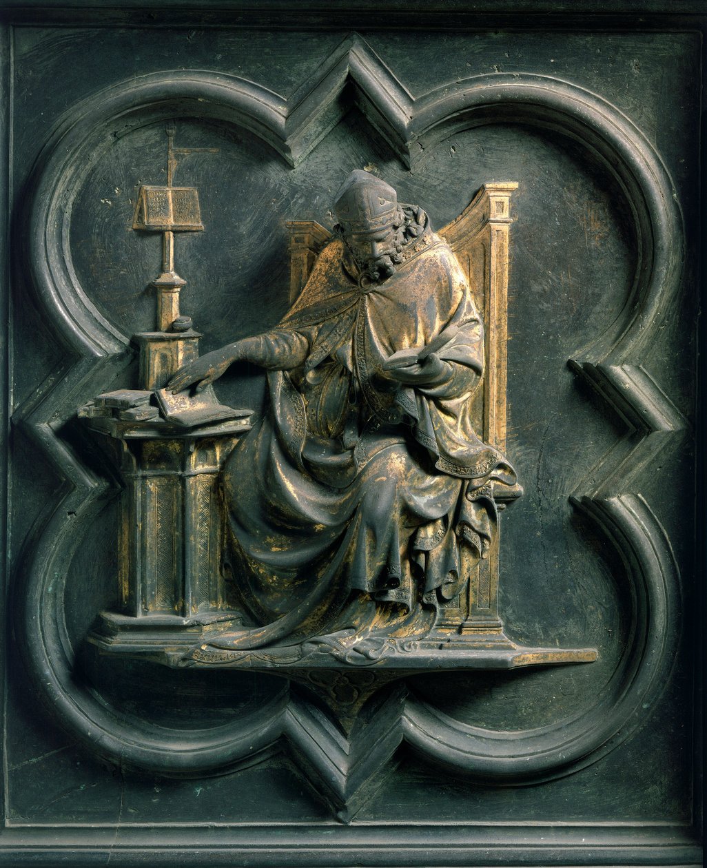 Pohjoinen portti (nimeltään Porte de la Croix, pohjoinen), ulkoasun yksityiskohta: Saint Ambrose. Lorenzo Ghibertin (1378-1455) pronssiveistos. tekijältä Lorenzo Ghiberti