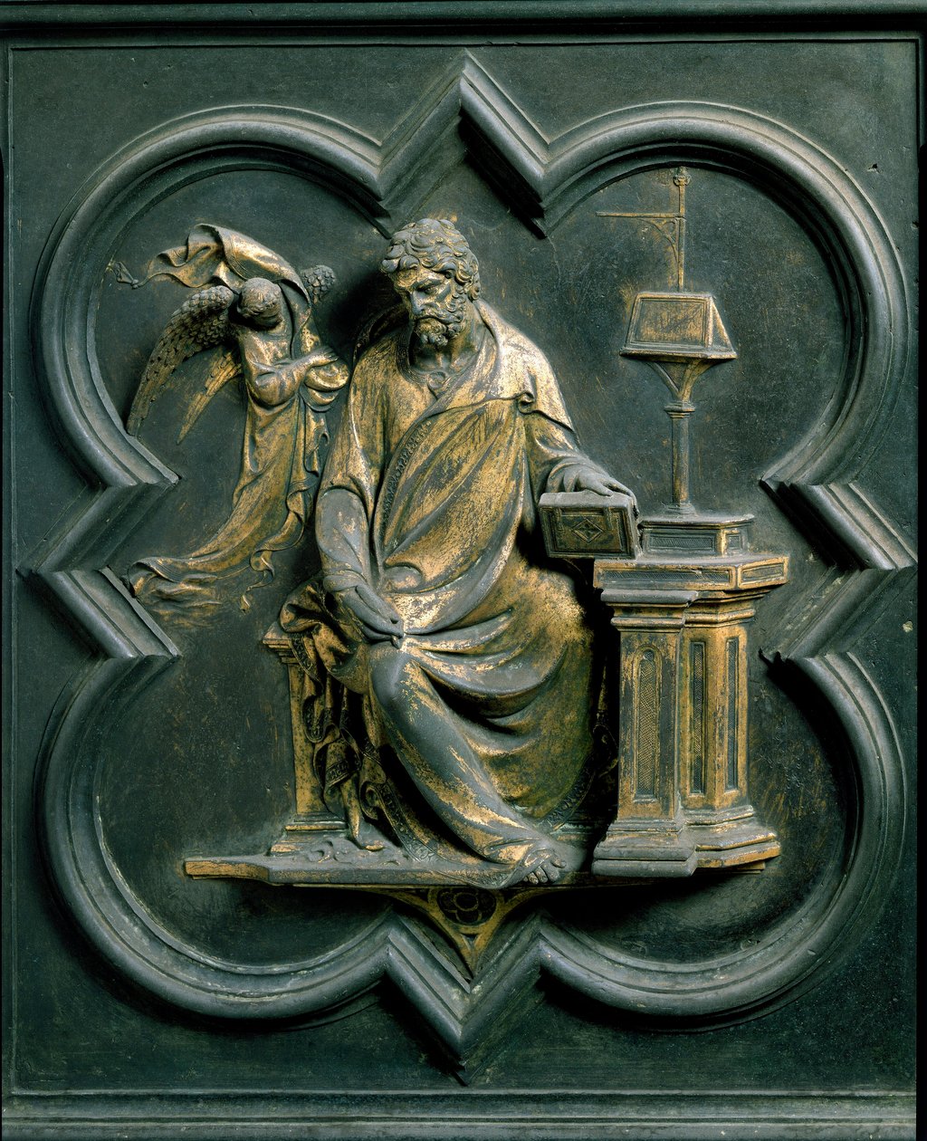 North Porte (nimeltään Porte de la Croix, pohjoisessa), ulkopuoli: Saint Mathieu. Lorenzo Ghibertin (1378-1455) tekemä pronssiveistos tekijältä Lorenzo Ghiberti