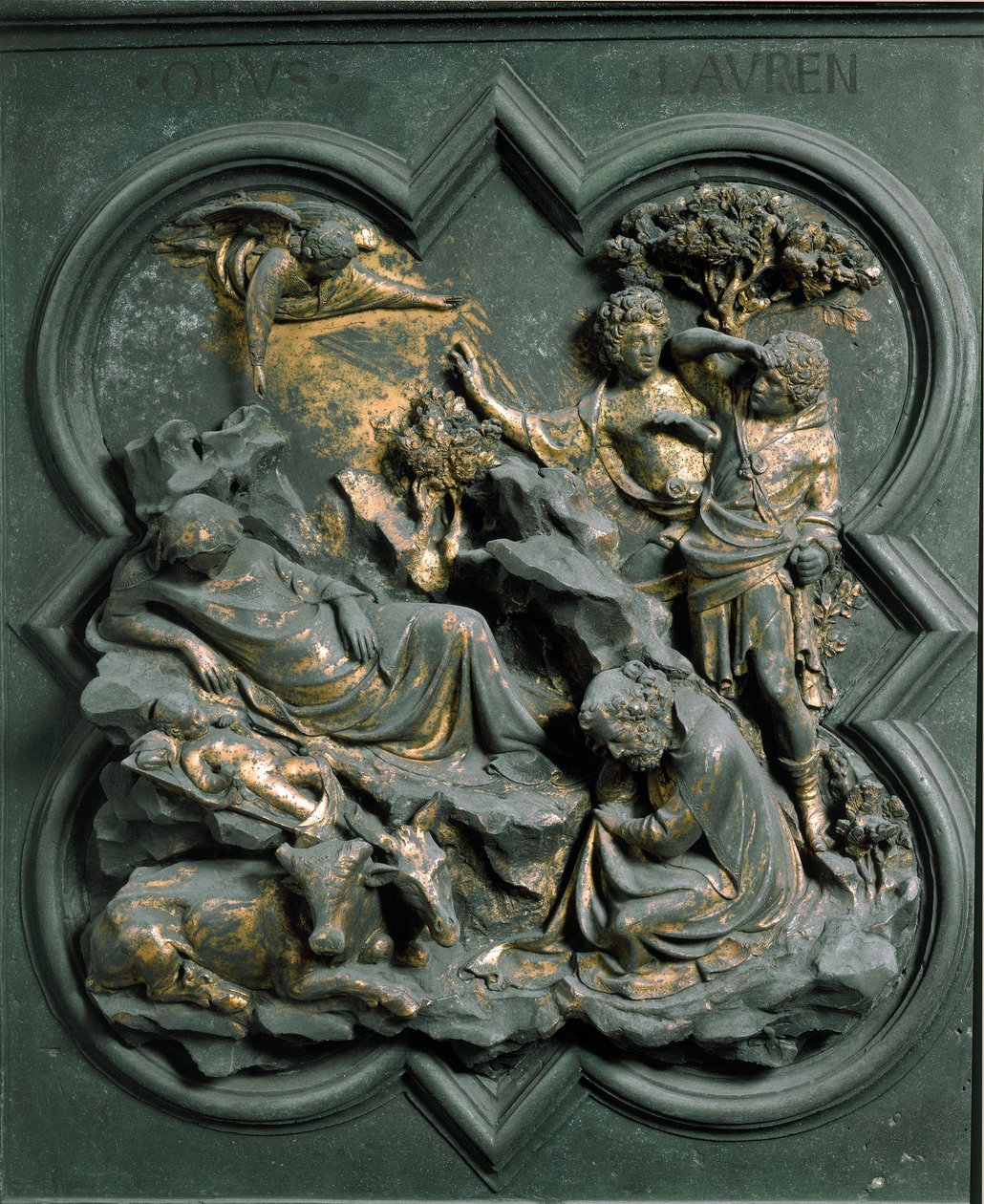 North Porte (nimeltään Porte de la Croix, pohjoisessa), ulkopuoli: nativiitti. Lorenzo Ghibertin (1378-1455) tekemä pronssiveistos tekijältä Lorenzo Ghiberti