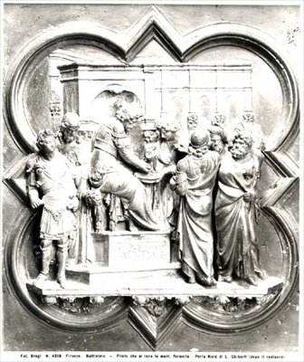 Pontius Pilatus pesee käsiään, kohokuvio kastehuoneen ovista, n. 1403 (kullattua pronssia) (m/v kuva) tekijältä Lorenzo Ghiberti