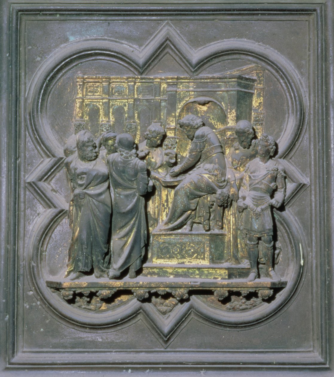 Pontius Pilatus pesee kätensä Kristuksen edessä, San Giovannin kastekappelin pohjoisten ovien kuudestoista paneeli, 1403-24 (pronssi) tekijältä Lorenzo Ghiberti