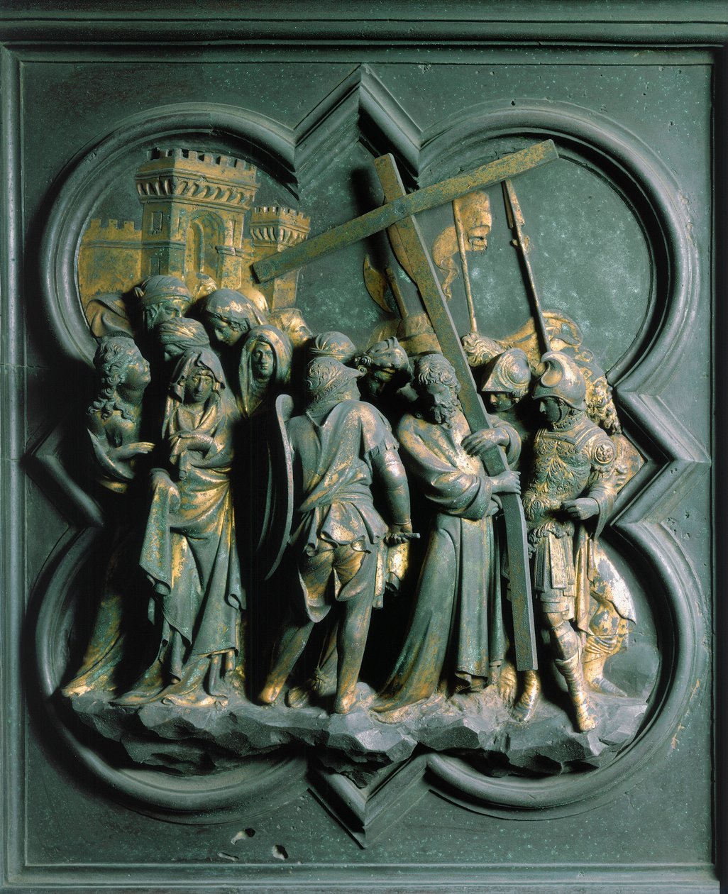 Porte Nord (nimeltään Porte de la Croix, pohjoisessa), yksityiskohta: "Montee Golgatalle"" Pronssiveistos, jonka on tehnyt Lorenzo Ghiberti (1378-1455) tekijältä Lorenzo Ghiberti