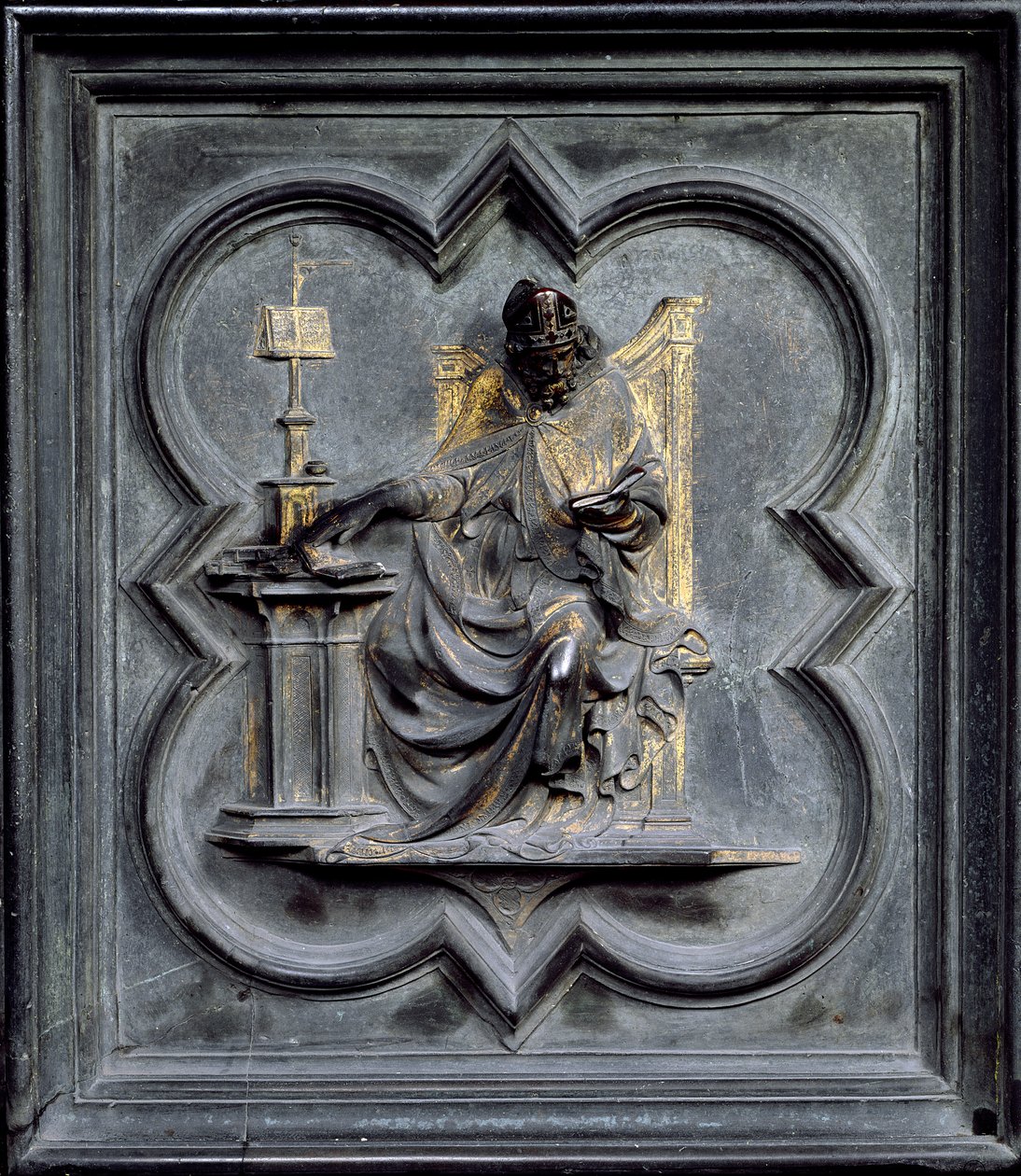St Ambrose, paneeli E San Giovannin kastekappelin pohjoisista ovista, 1403-24 (pronssi) tekijältä Lorenzo Ghiberti