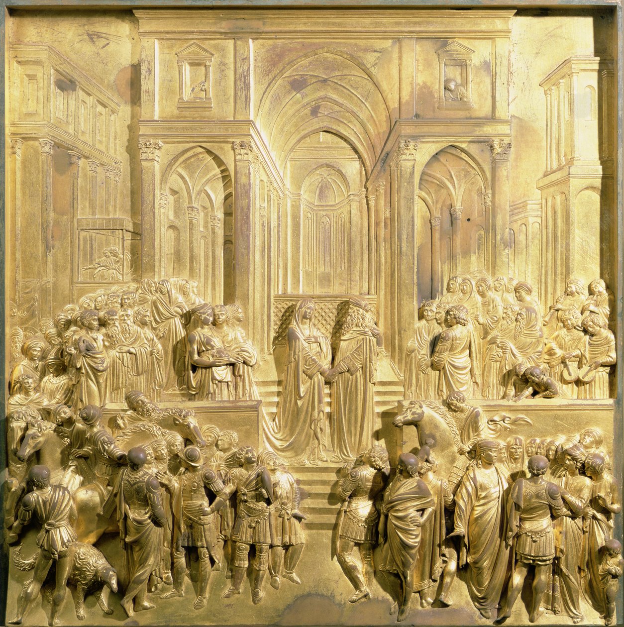 Kuningas Salomon ja Saban kuningattaren tapaaminen, alkuperäinen paneeli kastekappelin East Doorsista tekijältä Lorenzo Ghiberti