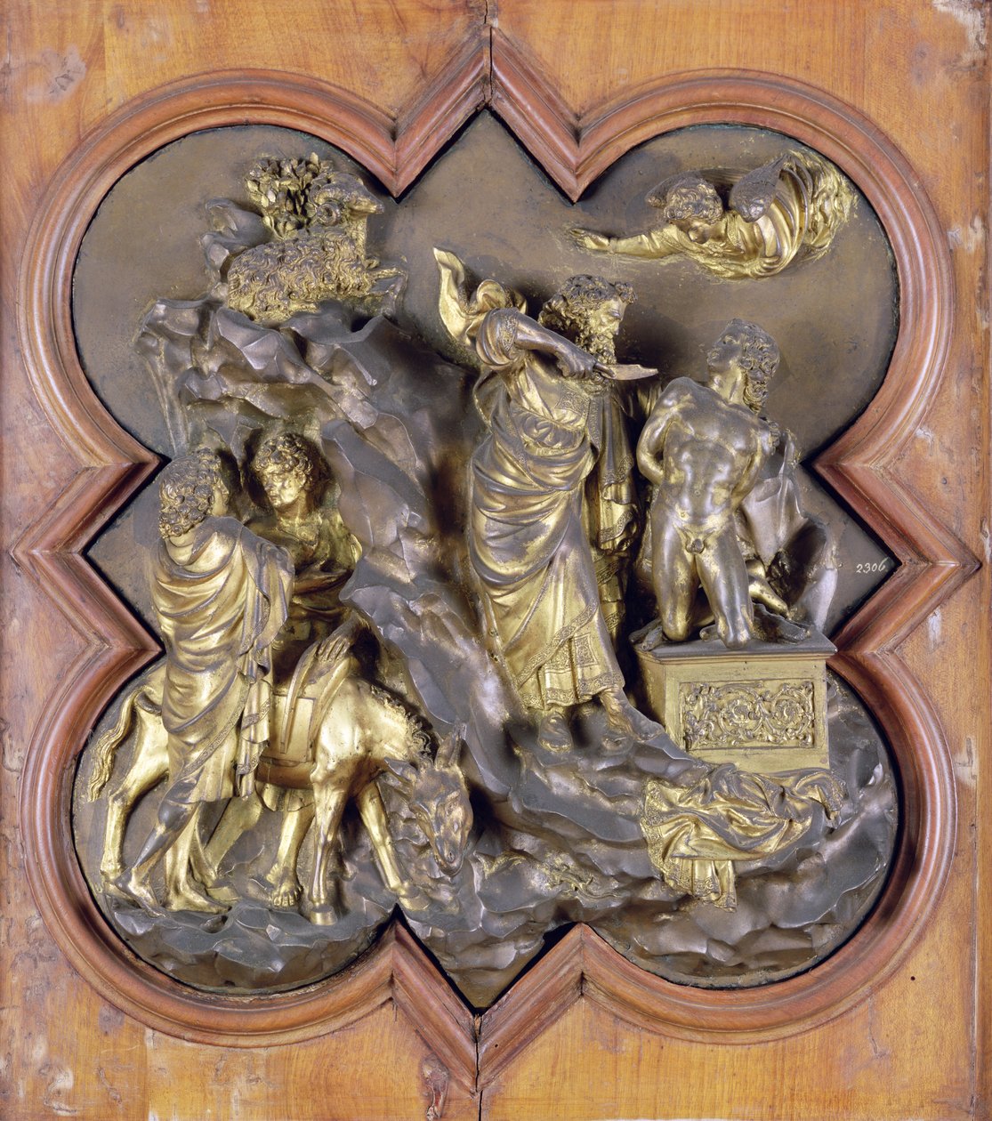 Iisakin uhri, pronssinen kilpailureliefity kastekappelin oville, Firenze, 1401 (pronssi) tekijältä Lorenzo Ghiberti