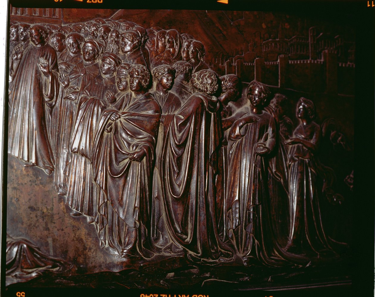 Pyhän Zenobiuksen pyhäkkö, yksityiskohta väkijoukosta, 1432-5 pronssi, yksityiskohta kuvasta 97641. tekijältä Lorenzo Ghiberti