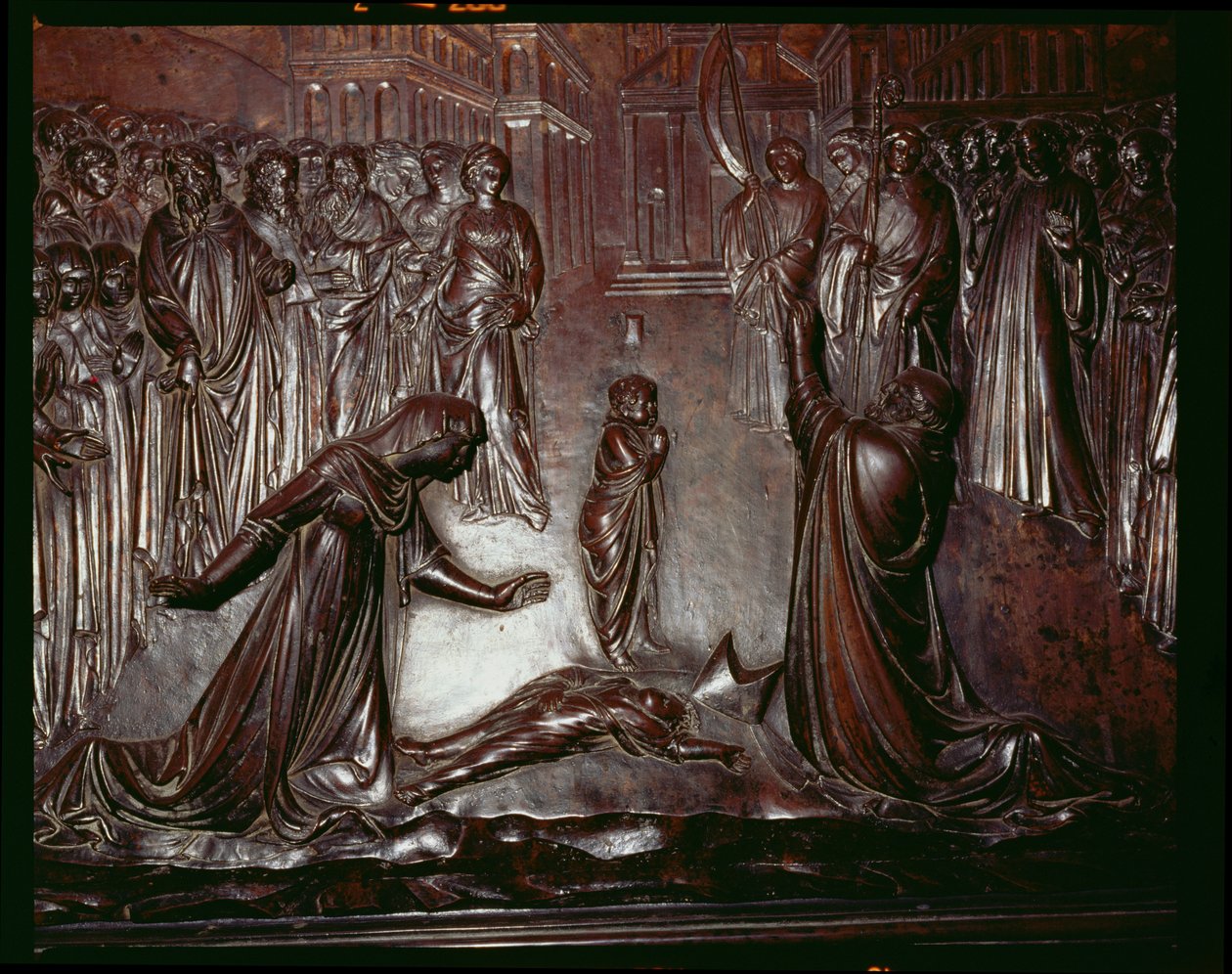 Pyhän Zenobiuksen pyhäkkö, kuolleen lapsen yksityiskohta, n.1432-42, pronssi yksityiskohta 97641:stä tekijältä Lorenzo Ghiberti