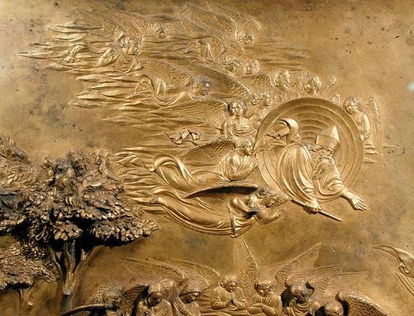 Aatamin tarina, yksityiskohta Isä Jumalasta ja enkeleistä, yhdestä kastekappelin itäovien alkuperäisistä tauluista. tekijältä Lorenzo Ghiberti