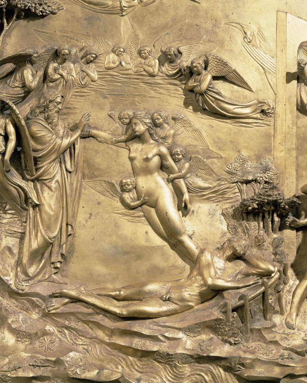Aatamin tarina, yksityiskohta Eevan luomisesta, yhdestä kastekappelin itäovien alkuperäisestä taulusta, 1425-52, kullattu pronssi, restauroinnin jälkeen. tekijältä Lorenzo Ghiberti