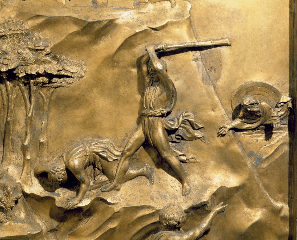 Kainin ja Aabelin tarina, yksityiskohta Aabelin tappamisesta, alkuperäinen paneeli kastekappelin itäovista, 1425-52, kullattu pronssi, restauroinnin jälkeen. tekijältä Lorenzo Ghiberti