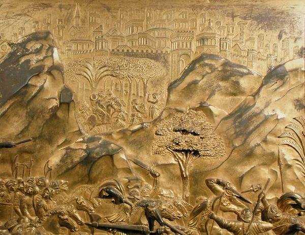 Daavidin ja Goljatin tarina, taustayksityiskohta alkuperäisestä kastekappelin East Doors -paneelista tekijältä Lorenzo Ghiberti