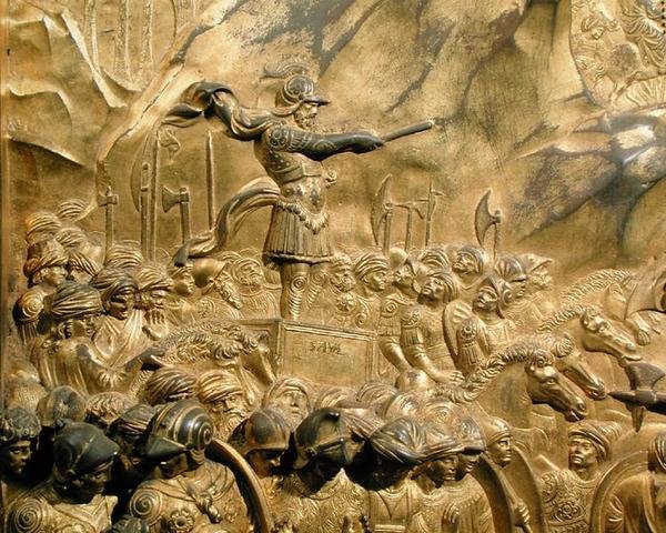 Daavidin ja Goljatin tarina, yksityiskohta Saulista, alkuperäisestä kastekappelin East Doors -paneelista tekijältä Lorenzo Ghiberti
