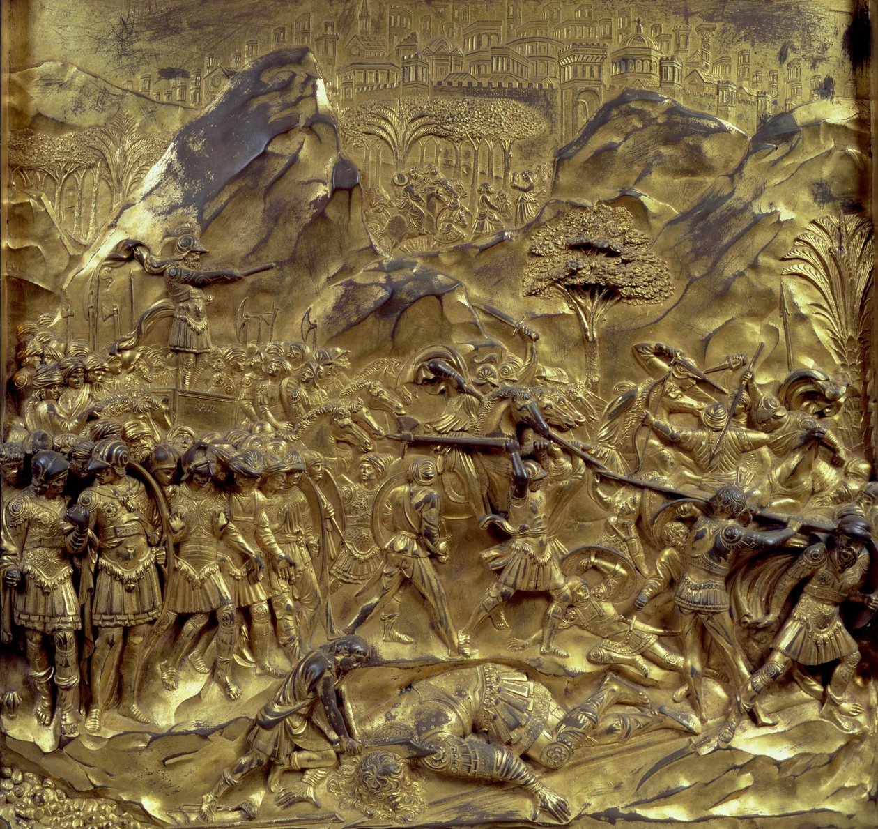 Daavidin ja Goljatin tarina, yksi kymmenestä paratiisin porttien kohokuviopaneelista (itäovet), 1425-52 (kullattua pronssia) (katso myös 87652-59 ja 87661-67) tekijältä Lorenzo Ghiberti