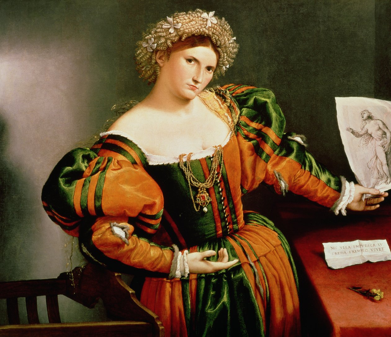 Nainen piirustuksen kanssa Lucretiasta, n. 1530-33 (öljy kankaalle siirretty puusta) tekijältä Lorenzo Lotto