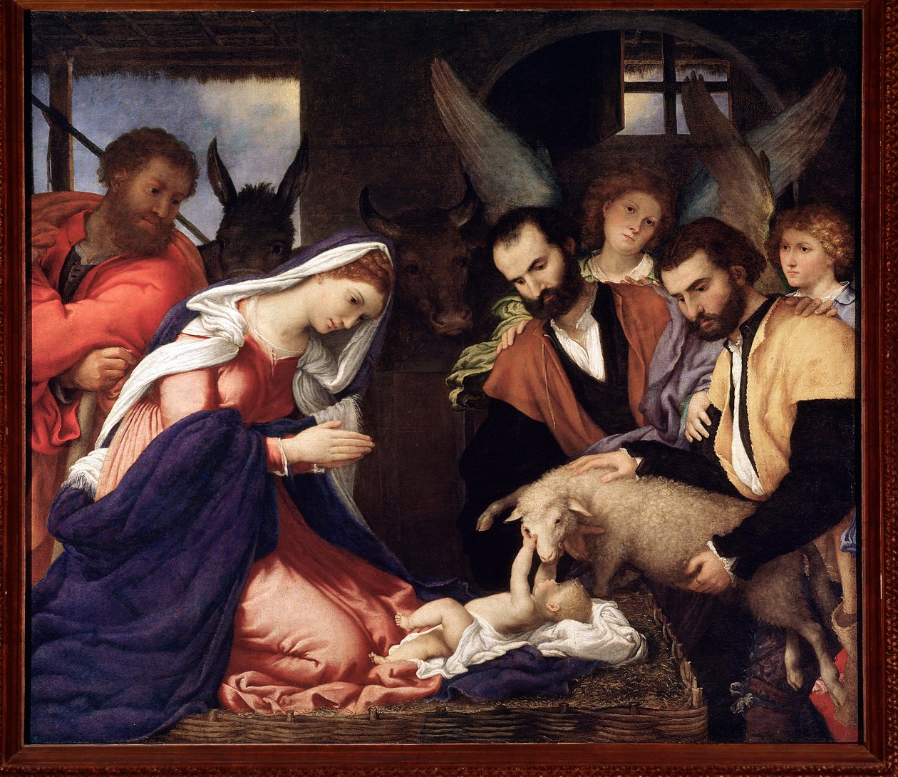 Paimenten palvonta Jeesus-lapsi leikkii lampaan kanssa - öljy kankaalle tekijältä Lorenzo Lotto