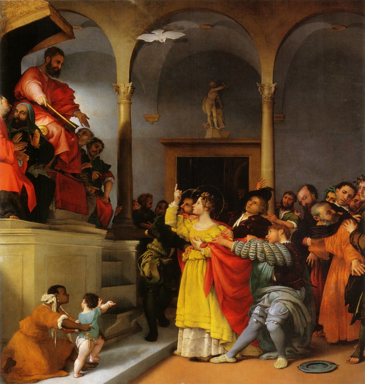 Pyhän Lucian alttari. Saint Lucia tuomarin edessä tekijältä Lorenzo Lotto