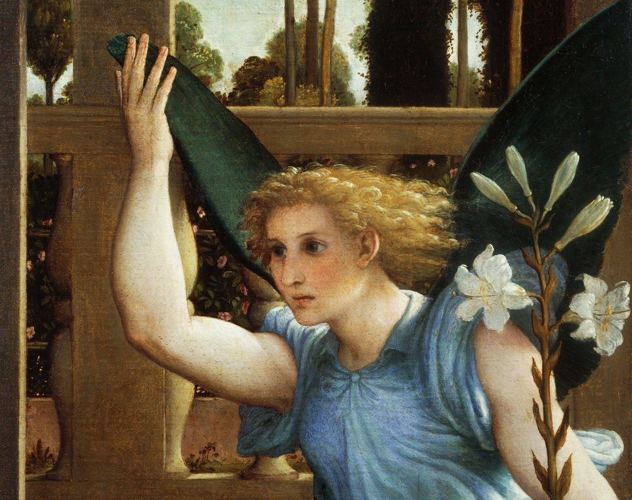 Ilmoitava enkeli, yksityiskohta Marian ilmestyksestä, n. 1434, kirjoittanut Lorenzo Lotto (1480-1556), öljy kankaalle tekijältä Lorenzo Lotto