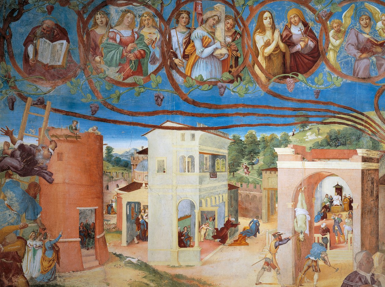 Christ-Vine ja Legend of Saint Barbara kirjoittanut Lorenzo Lotto (noin 1480 - 1556), fresko, yksityiskohta, Villa Suardi, Capella Suardi, Trescore Balneario tekijältä Lorenzo Lotto