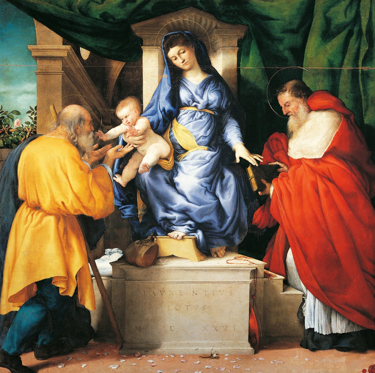 Valtaistuimella Madonna ja lapsi pyhien Giuseppen ja Jeromen kanssa, San Francesco al Monten alttaritaulun keskipaneeli, noin 1525, Lorenzo Lotto (1480-1556), öljy kankaalle tekijältä Lorenzo Lotto