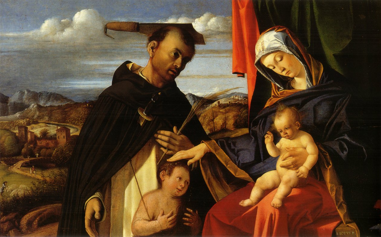 Italialainen:  Johannes Kastajan ja Pietarin kanssa: Madonna col Bambino e San Pietro Martire Madonna ja lapsi sekä nuori Johannes Kastaja ja Pietari Marttyyri tekijältä Lorenzo Lotto