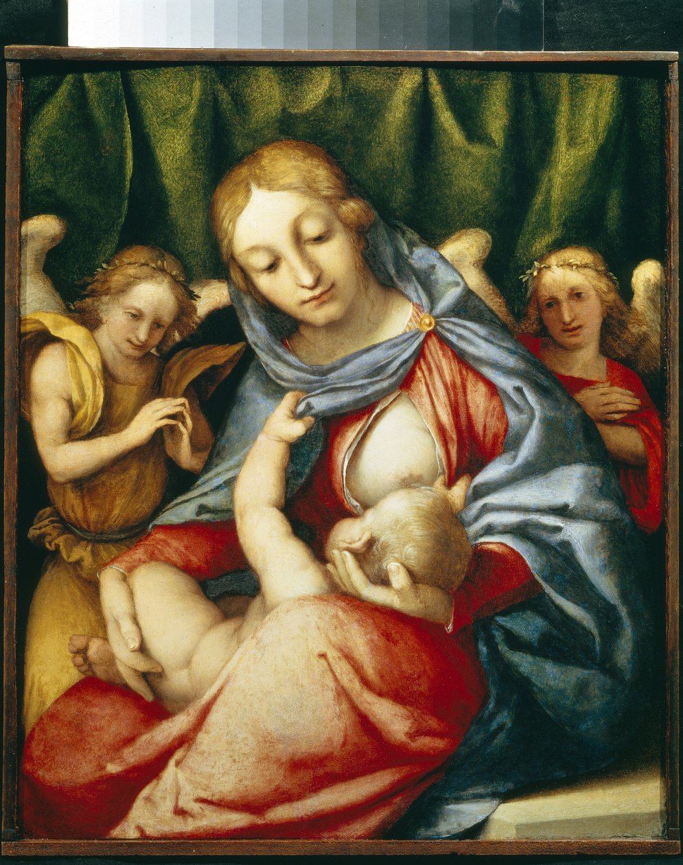 Neitsyt imettävä. (Madonna Del Latte). Lorenzo Lotto (1480-1556) maalaus, öljy kankaalle, noin 1520. Italialainen taide (Venetsia) tekijältä Lorenzo Lotto