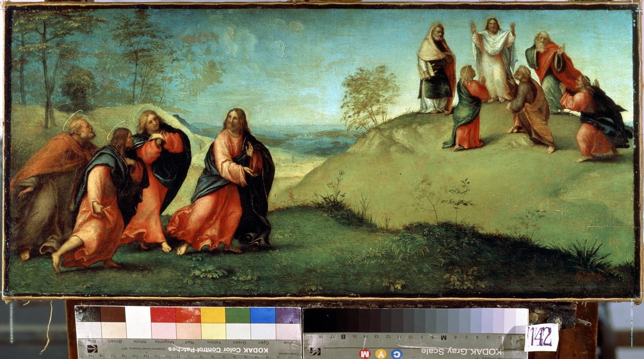 Kristus johdattaa apostolit Tabor-vuorelle. Kristuksen kirkastumisen paikka Israelissa. Lorenzo Lotto (1480-1556) maalaus tekijältä Lorenzo Lotto