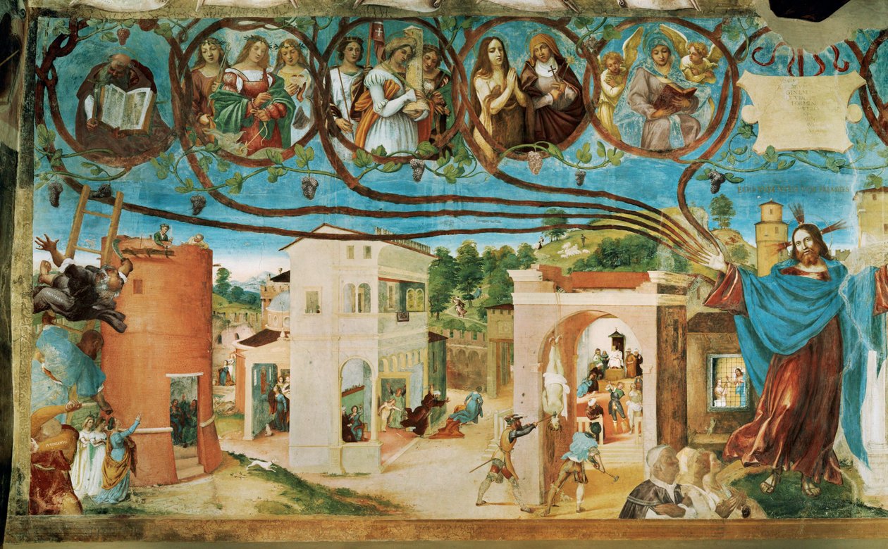 Capella Suardin vasen puoli, Santa Barbaran kirkko Bergamossa... (seinämaalaus) tekijältä Lorenzo Lotto