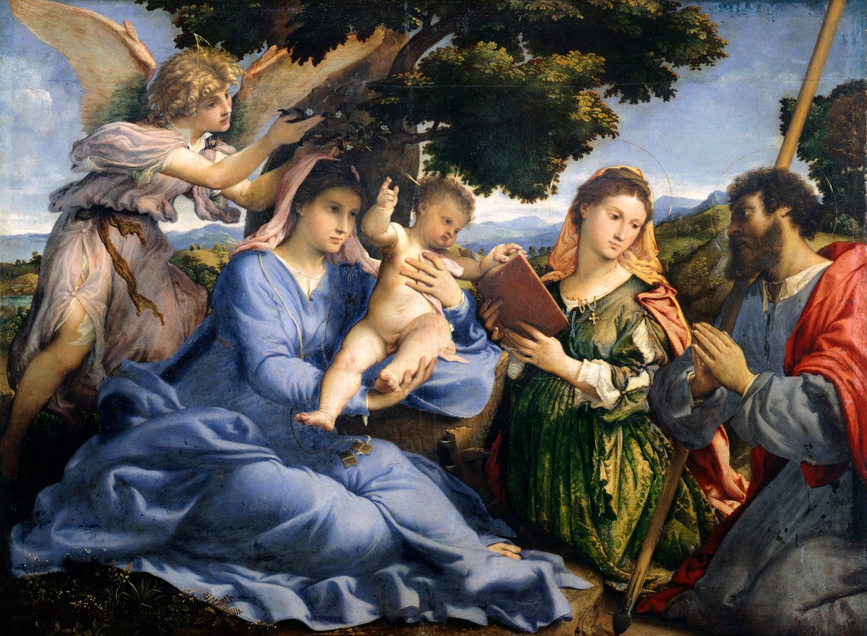 Madonna ja lapsi pyhien Katariina Aleksandrialaisen ja Thomasin välillä, Lorenzo Lotto (1480-1556), öljy kankaalle tekijältä Lorenzo Lotto
