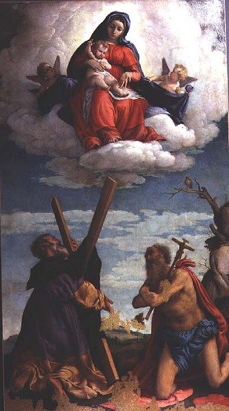 Madonna ja lapsi kunniassa Pyhän Andreaksen ja Pyhän Hieromuksen kanssa tekijältä Lorenzo Lotto