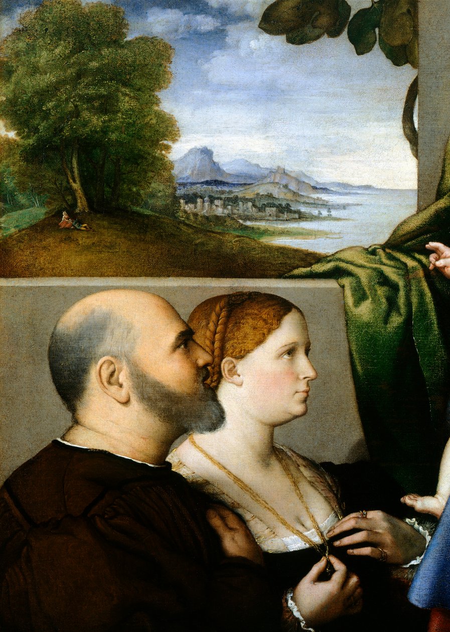 Madonna ja lapsi kahdella lahjoittajalla, Lorenzo Lotto (1480 ca-1556), öljy kankaalle, 857x1155 cm, yksityiskohta tekijältä Lorenzo Lotto