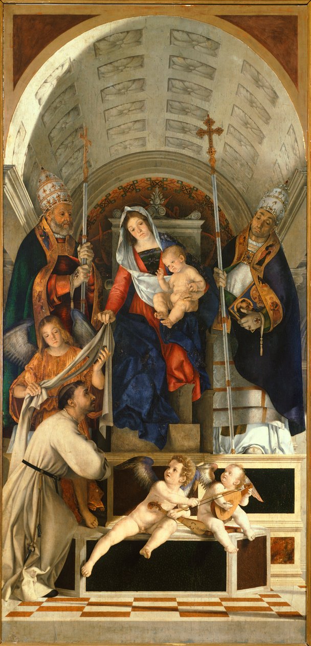 Madonna lapsen ja pyhien Dominic, Gregory ja Urban kanssa, Lorenzo Lotto (1480 ca-1556) Recanatin San Domenicon alttaritaulun pääpöytä, öljy kankaalle, 227x108 cm tekijältä Lorenzo Lotto