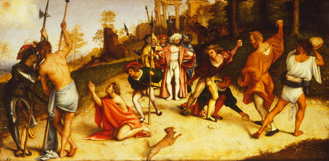 Pyhän Tapanin marttyyrikuolema, Lorenzo Lotto (1480 noin 1556) Martinengon alttaritaulun jako, öljytaulu, 51x97 cm, noin 1516 tekijältä Lorenzo Lotto
