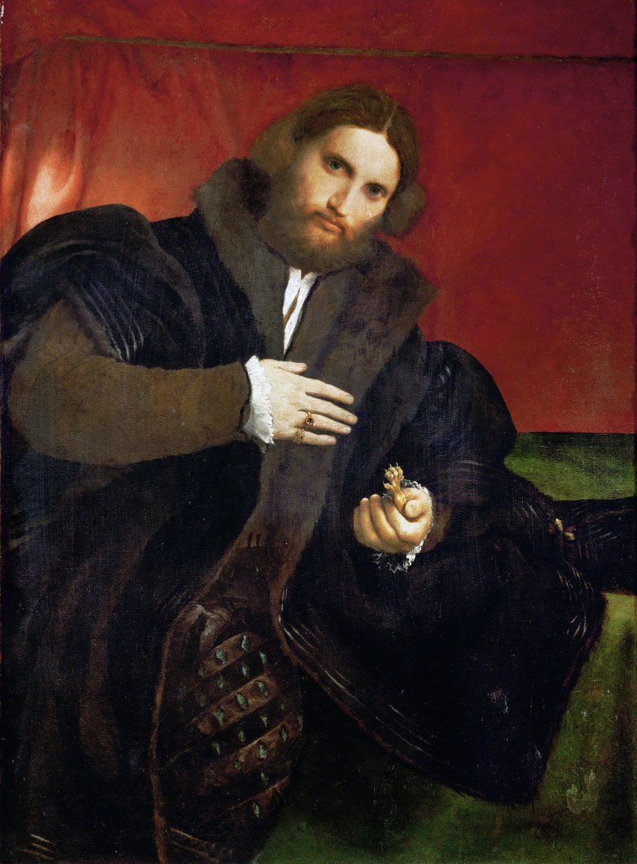 Renessanssi: Muotokuva miehestä, jolla on kultakynsi (Leonino Brembate?) - Muotokuva miehestä, jolla on kultainen eläinkynsi (Leonino Brembate), Lotto, Lorenzo (1480-1556) tekijältä Lorenzo Lotto