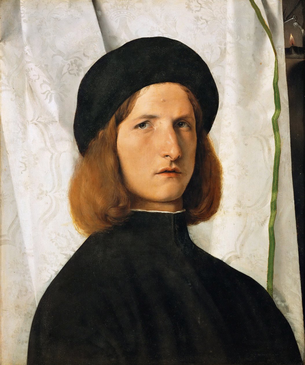 Renessanssi : Nuoren miehen muotokuva valkoista verhoa vasten par Lotto, Lorenzo (1480-1556), n. 1508. Öljy puulle, 42,3x35,3. Taidehistoriallinen museo, Vienne tekijältä Lorenzo Lotto